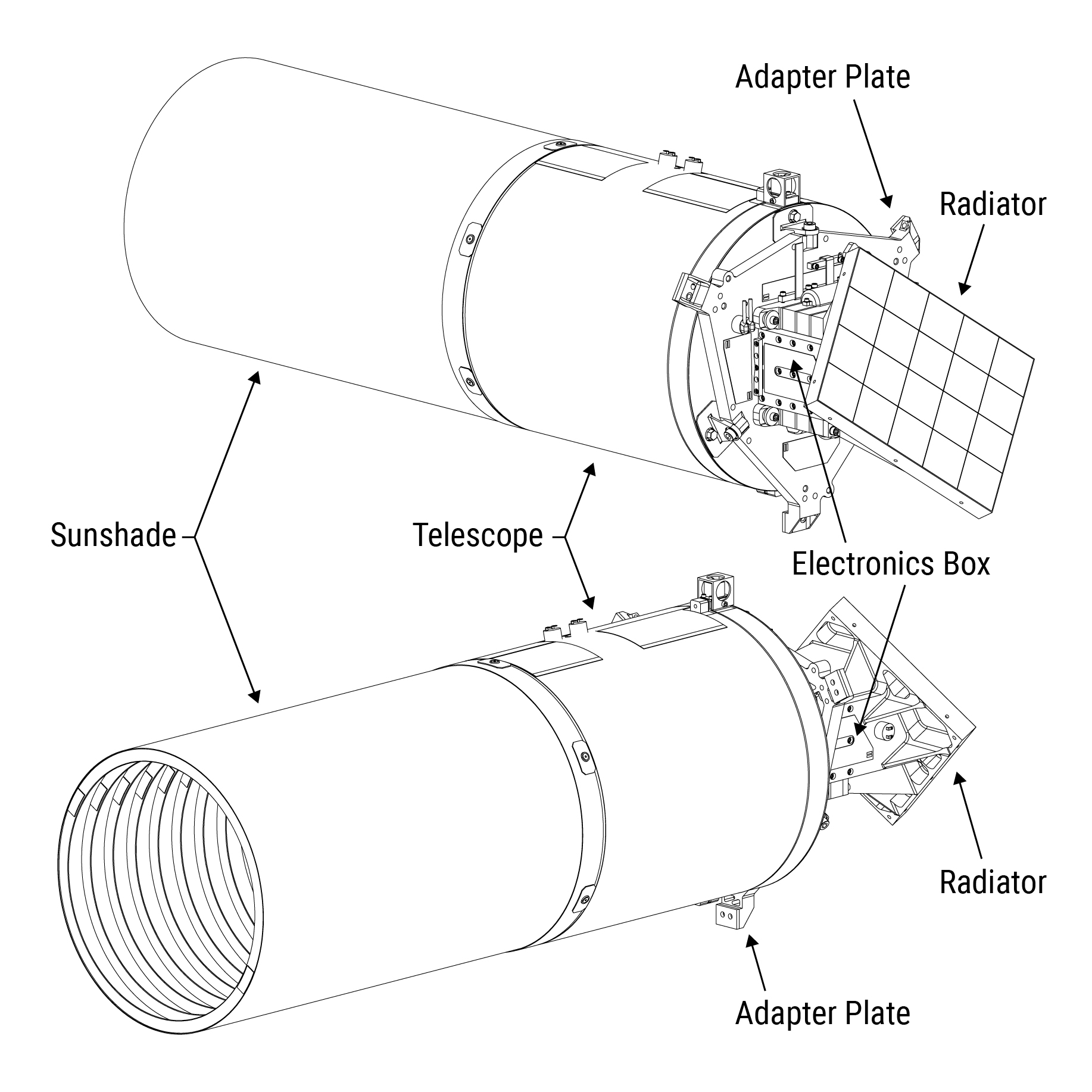 Technical drawing of the ShadowCam instrument with the sunshade, telescope, adapter plate, electronics box, and radiator labeled.